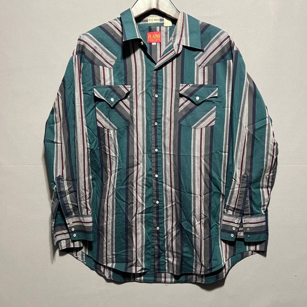 Plains Western Wear Men 3X Big Man Striped Pearl Snap Long Sleeve Shirt Teal